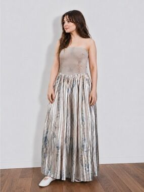 Artisan Plant Dyed Strapless Pleated Satin Maxi Dress S